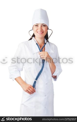 female medical doctor with stethoscope isolated on white background