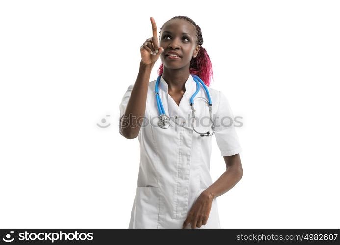 Female medical doctor working with invisible interface. Copyspace for your design