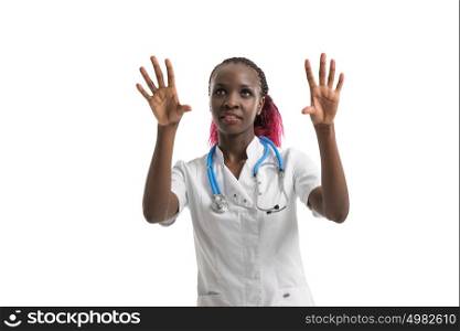 Female medical doctor working with invisible interface. Copyspace for your design