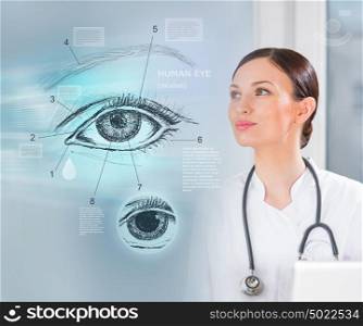Female medical doctor working with virtual interface examining human eye