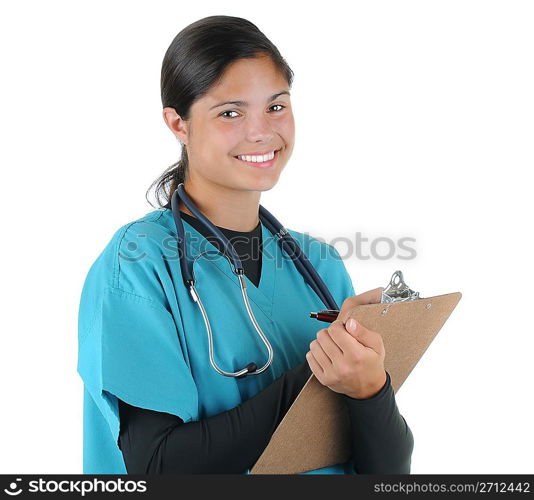 Female medical professional writing on clip board