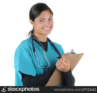 Female medical professional writing on clip board