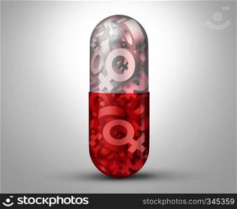 Female medicine or medication for women as a pill with the symbol for a woman inside the capsule as an icon for menstrual or sexual dysfunction or urology drugs and pregnancy or fertility therapy as a 3D illustration.