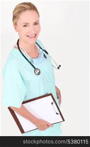 Female nurse, holding, clipboard