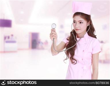 female nurse with stethoscope in hospital background