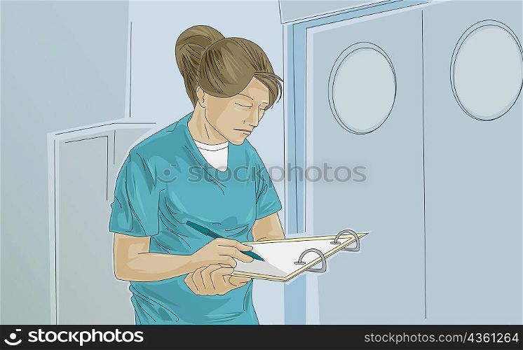 Female nurse writing on a clipboard
