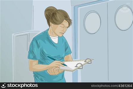 Female nurse writing on a clipboard