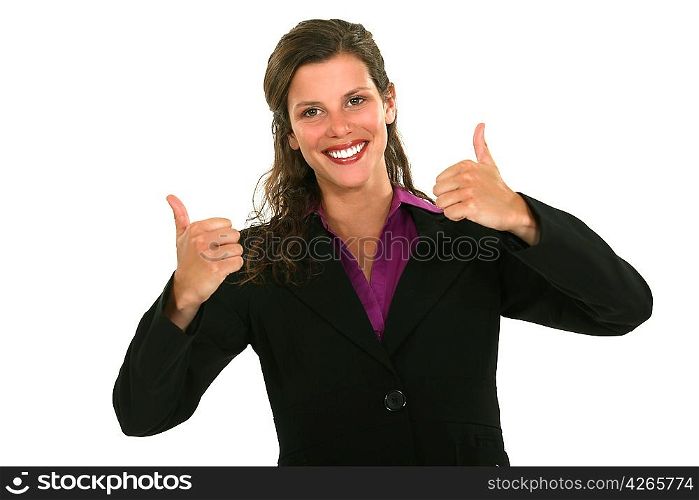 Female office worker giving thumbs-up