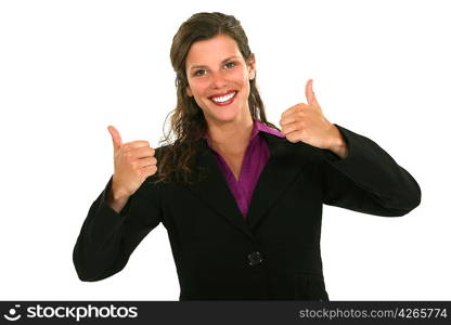 Female office worker giving thumbs-up