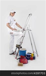 female painter on a ladder