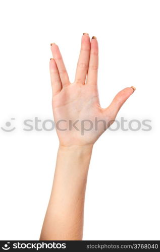 Female palm hand vulcan gesture, isolated on a white background