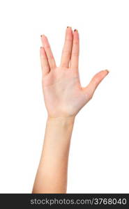 Female palm hand vulcan gesture, isolated on a white background