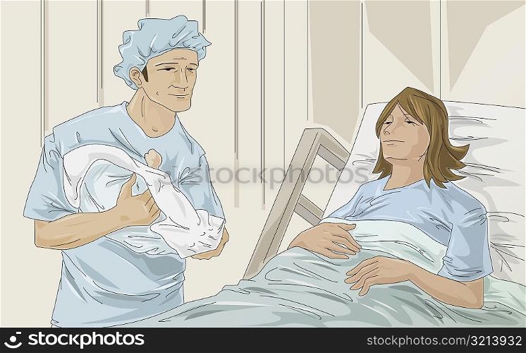 Female patient lying on the bed and male doctor carrying a baby