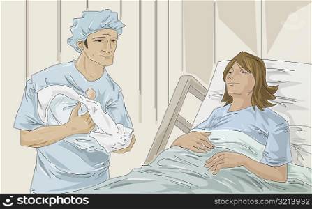 Female patient lying on the bed and male doctor carrying a baby