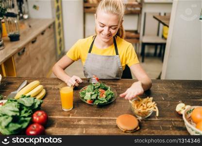 Female person choose healthy bio food. Vegetarian diet concept. Female person choose healthy bio food