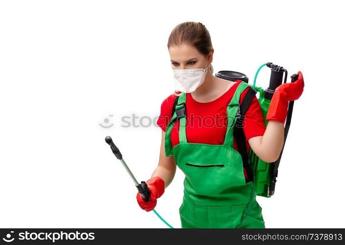 Female pest control contractor isolated on white 