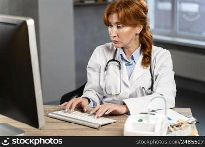 female physician typing computer desk