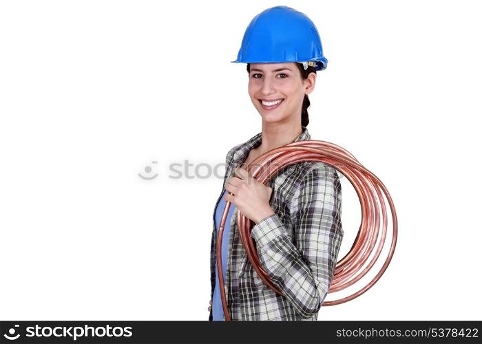 Female plumber with copper coil