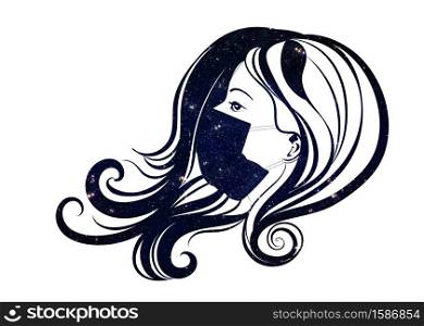 Female portrait in profile with disposable face mask with starfield illustration design.
