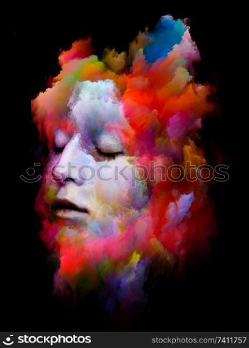 Female Portrait. Inner Color series. Composition of  human face and abstract colors isolated on black background for subject of art, design and psychology