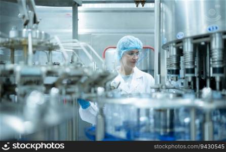 Female quality control worker inspecting water bottle on production line in drinking water factory