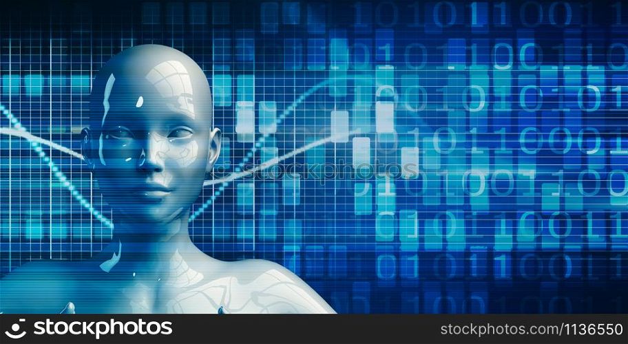 Female Robot Using Data Analytics Technology Concept Background. Female Robot Using Data Analytics Technology