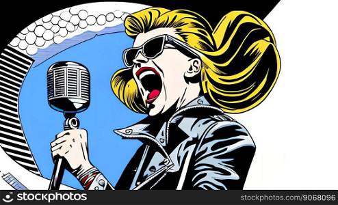 Female rock singer with vintage microphone. Comic book style. Generative AI