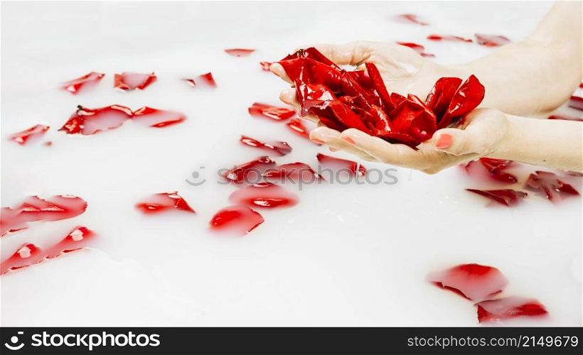 female s wet hand holding red flower petals clear white water