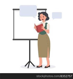 female school teacher is reading a book.Flat vector cartoon character illustration