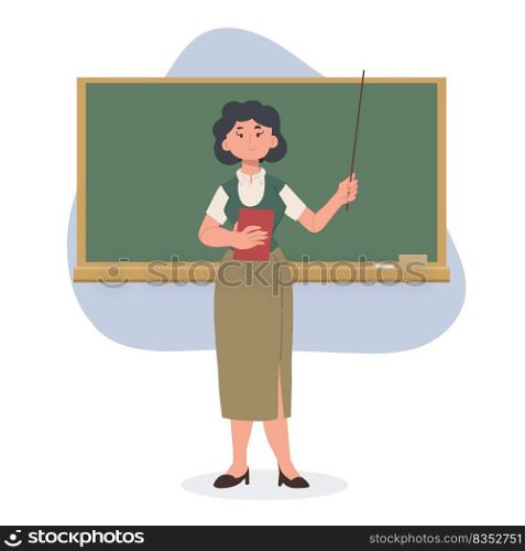 female school teacher is teching in front of blackboard.Flat vector cartoon character illustration