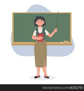 female school teacher is teching in front of blackboard.Flat vector cartoon character illustration