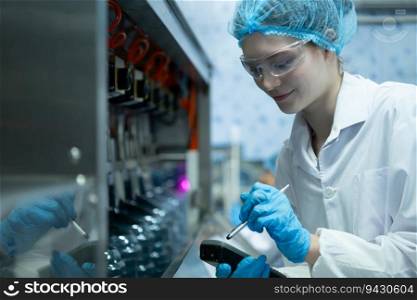 Female scientist in white coat and blue hat working in the control  machine of production line.