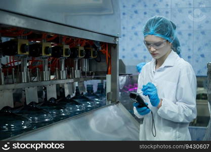 Female scientist in white coat and blue hat working in the control  machine of production line.