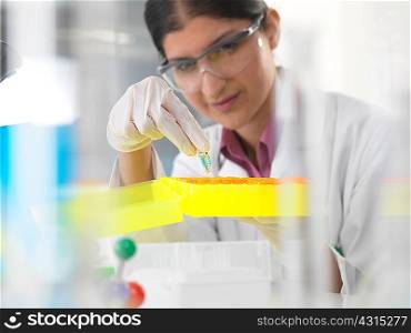 Female scientist looking at chemical sample in lab