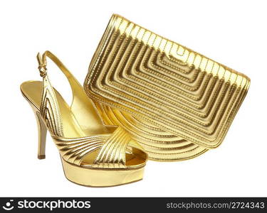 Female shoes and handbag on it is white a background
