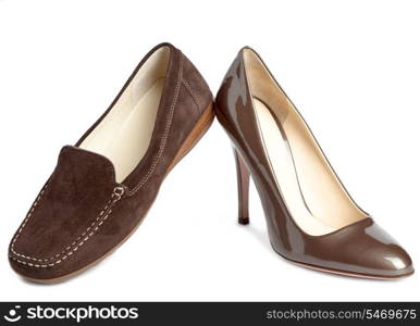 Female shoes without and with heel on a white background