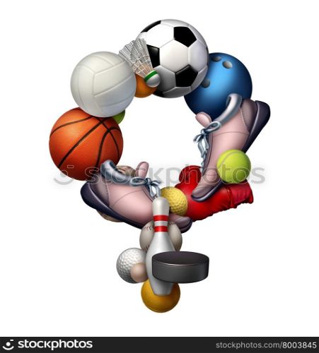 Female sports sign icon and symbol or sport women concept as a group of sporting equipment as soccer volleyball tennis shaped as an icon representing the female gender as a metaphor for girl fitness and active lifestyle.