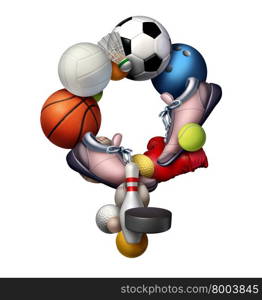 Female sports sign icon and symbol or sport women concept as a group of sporting equipment as soccer volleyball tennis shaped as an icon representing the female gender as a metaphor for girl fitness and active lifestyle.