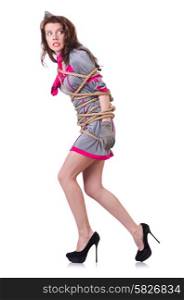 Female stewardess tied with rope