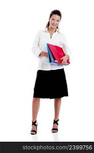 Female student holding folders, isolated on white background