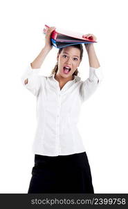 Female student holding folders, isolated on white background