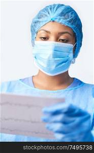 Female Surgeon Wearing Gown And Mask Holding Medical Print Out