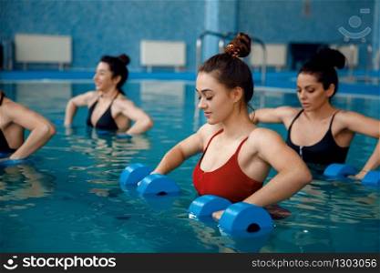 Female swimmers group, aqua aerobics, training with dumbbells in the pool. Women in the water, sport swimming fitness workout. Female aqua aerobics, training with dumbbells