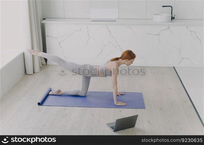 Female teacher shows workout on the online lesson. Young adult european woman is doing plank exercise. Sporty red haired girl practicing yoga in living room. Concept of e-learning and home classes.. Teacher shows workout on the online lesson. Young adult european woman is doing plank exercise