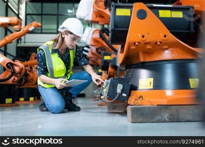 Female Technician Inspecting and repairing robotics arm in robots hangar and test the operation of the machine after being used for a while, as well as updating the software and calibration