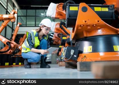 Female Technician Inspecting and repairing robotics arm in robots hangar and test the operation of the machine after being used for a while, as well as updating the software and calibration