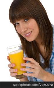 Female teenager with glass of healthy orange juice for breakfast