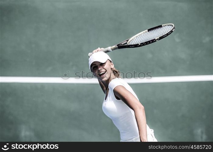 Female tennis player. Female tennis player on court waiting for ball
