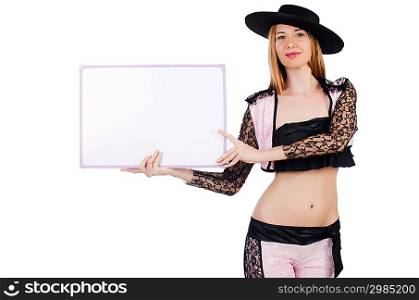Female toreador with blank board