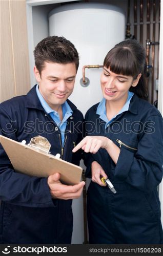 Female Trainee Plumber Working On Central Heating Boiler With Male Engineer